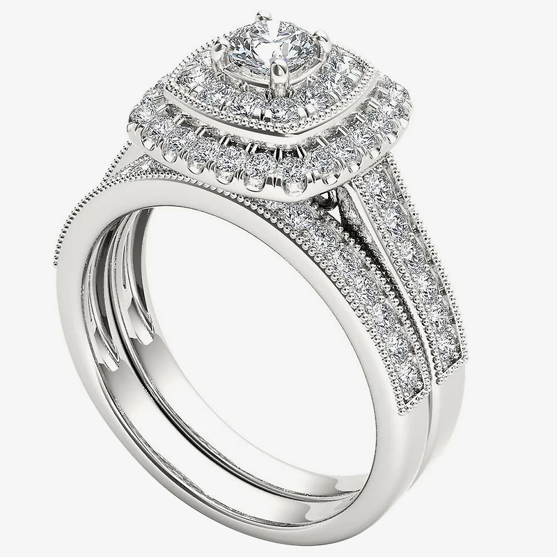 Womens 3/4 CT. T.W. Natural White Diamond 14K Gold Cushion Halo Bridal Set