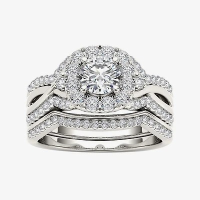 1 1/4 CT.T.W. Natural Diamond 14K White Gold Halo Bridal Ring Set