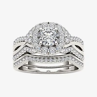 1 1/4 CT.T.W. Natural Diamond 14K White Gold Halo Bridal Ring Set