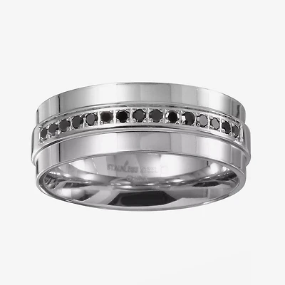 Mens 8MM Diamond Stainless Steel Wedding Band