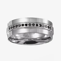 Mens 8MM Diamond Stainless Steel Wedding Band