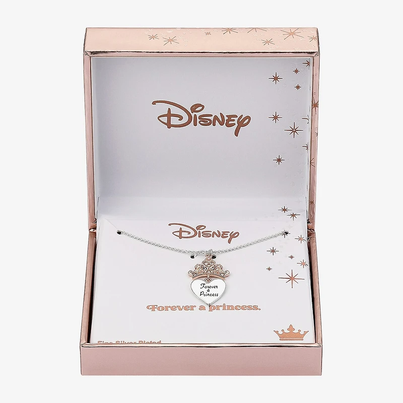 Disney Classics Womens Crystal Pure Silver Over Brass Crown Heart 16 Inch Pendant Necklace