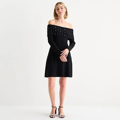 by&by Off Shoulder Womens Juniors Long Sleeve Embellished Sweater Dress