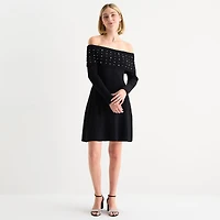 by&by Off Shoulder Womens Juniors Long Sleeve Embellished Sweater Dress