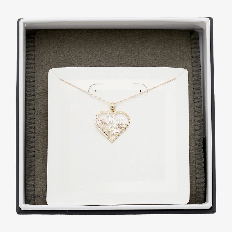 "Mom" Womens 10K Tri-Color Gold Heart 18 Inch Pendant Necklace