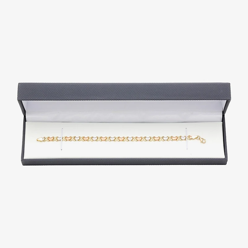 "Hearts & Kisses" Womens 10K Tri-Color Gold Hollow Heart 7.25 Inch Link Bracelet