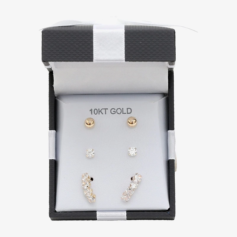 Womens Lab Created Cubic Zirconia 10K Gold Ball 3 Pair Earring Set