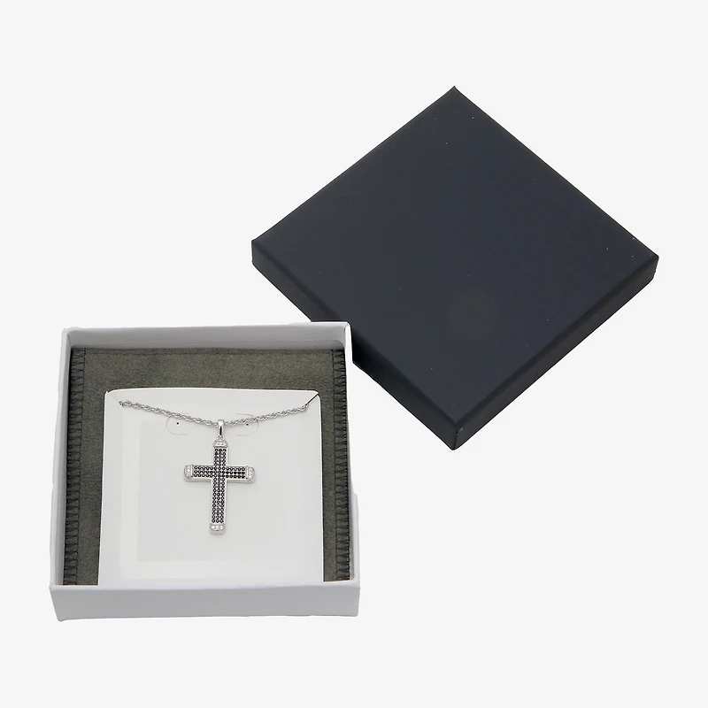 Mens Cubic Zirconia Sterling Silver Cross 24 Inch Pendant Necklace