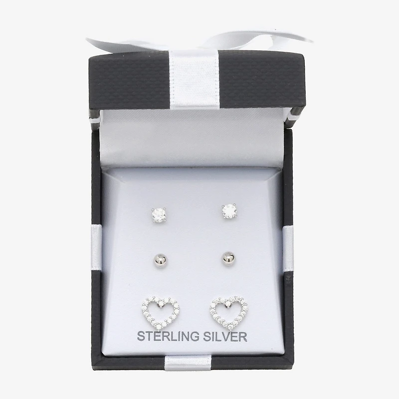 Womens Cubic Zirconia Sterling Silver Heart 3 Pair Earring Set