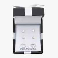 Womens Cubic Zirconia Sterling Silver Heart 3 Pair Earring Set