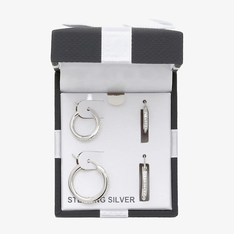 Womens White Crystal Sterling Silver Round 2 Pair Earring Set