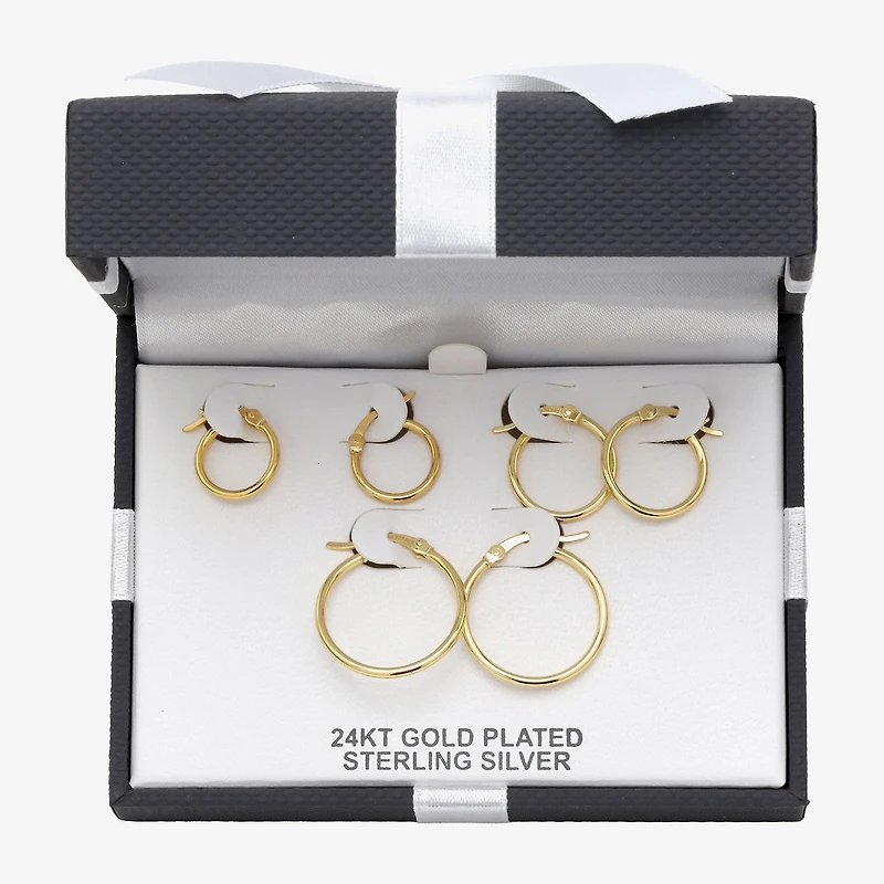 Womens 24K Gold Over Silver Round 3 Pair Earring Set