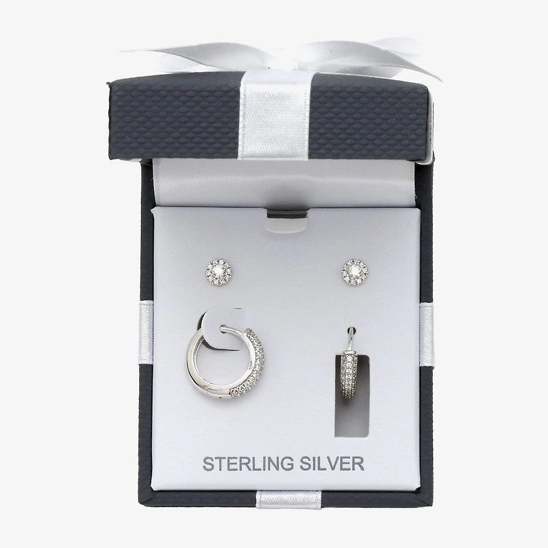 Womens Cubic Zirconia Sterling Silver 2 Pair Earring Set