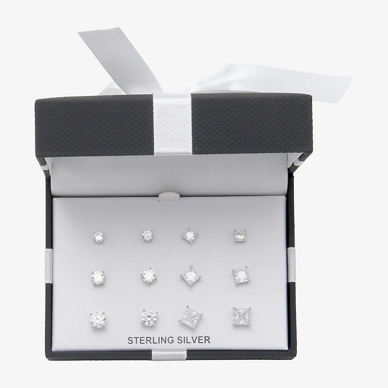 Womens Cubic Zirconia Sterling Silver Round Pair Earring Set