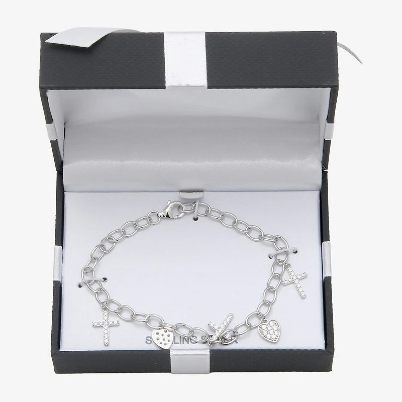 Diamonart Womens Cubic Zirconia Sterling Silver Cross Heart Charm Bracelet