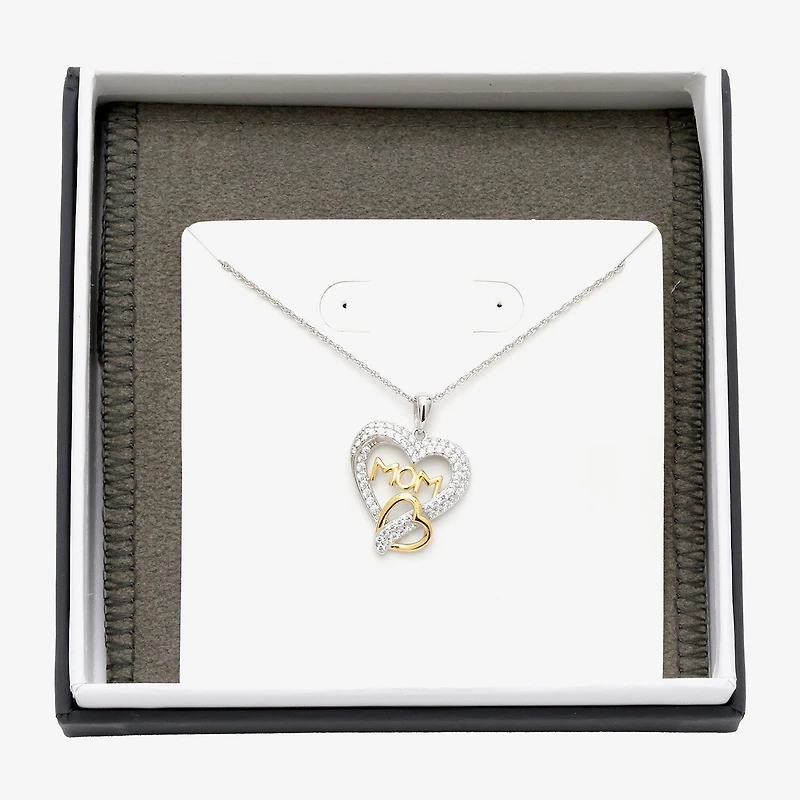 Diamonart "Mom" Womens White Cubic Zirconia Sterling Silver Heart 18 Inch Pendant Necklace
