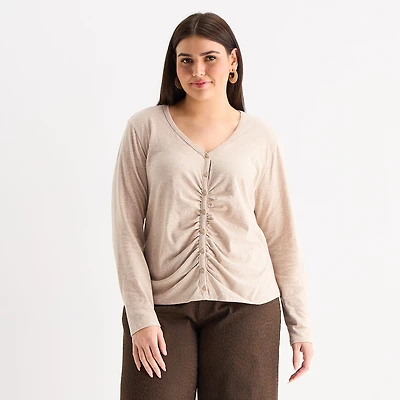 a.n.a Womens Plus Y Neck Long Sleeve T-Shirt