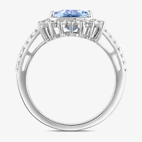 Womens Genuine Blue Aquamarine Sterling Silver Triangle Halo Side Stone Cocktail Ring