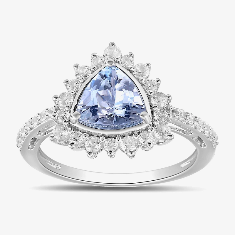 Womens Genuine Blue Aquamarine Sterling Silver Triangle Halo Side Stone Cocktail Ring