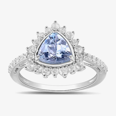 Womens Genuine Blue Aquamarine Sterling Silver Triangle Halo Side Stone Cocktail Ring