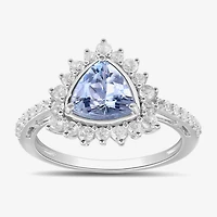 Womens Genuine Blue Aquamarine Sterling Silver Triangle Halo Side Stone Cocktail Ring