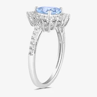 Womens Genuine Blue Aquamarine Sterling Silver Triangle Halo Side Stone Cocktail Ring