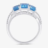 Womens Genuine Blue Topaz Sterling Silver 3-Stone Crossover Cocktail Ring