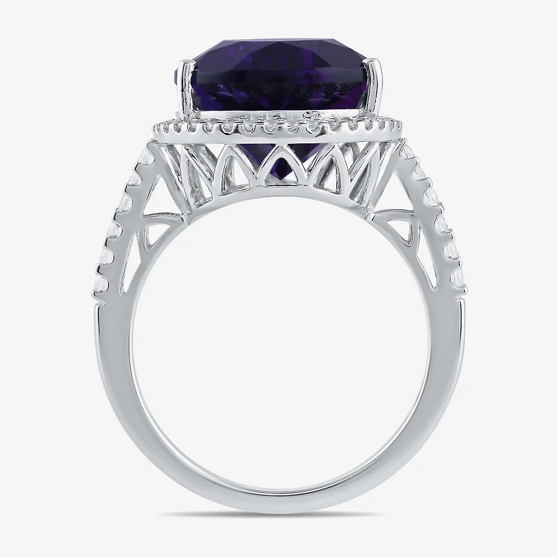 Womens Lab Created Purple Amethyst Sterling Silver Pear Halo Side Stone Cocktail Ring
