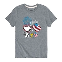Snoopy And Woodstock American Flag Little & Big Kid Boys Crew Neck Short Sleeve Regular Fit Peanuts Graphic T-Shirt