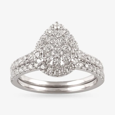 Signature By Modern Bride Womens 1 CT. T.W. Natural White Diamond 10K White Gold Pear Side Stone Halo Bridal Set