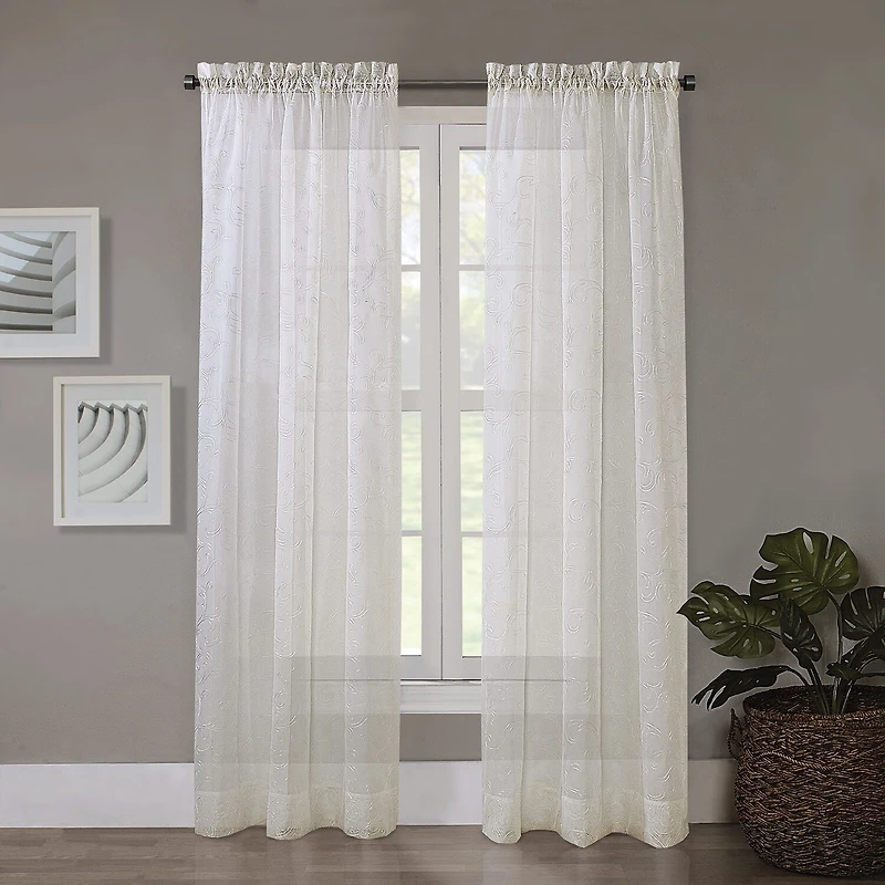 Regal Home Embroidered Voile Rod Pocket Sheer Single Curtain Panel