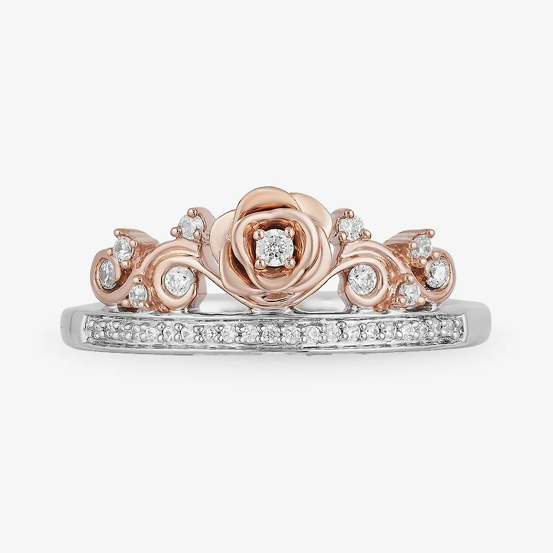 Enchanted Disney Fine Jewelry Womens 1/6 CT. T.W. Natural White Diamond Sterling Silver Flower Beauty and the Beast Belle Princess Cocktail Ring