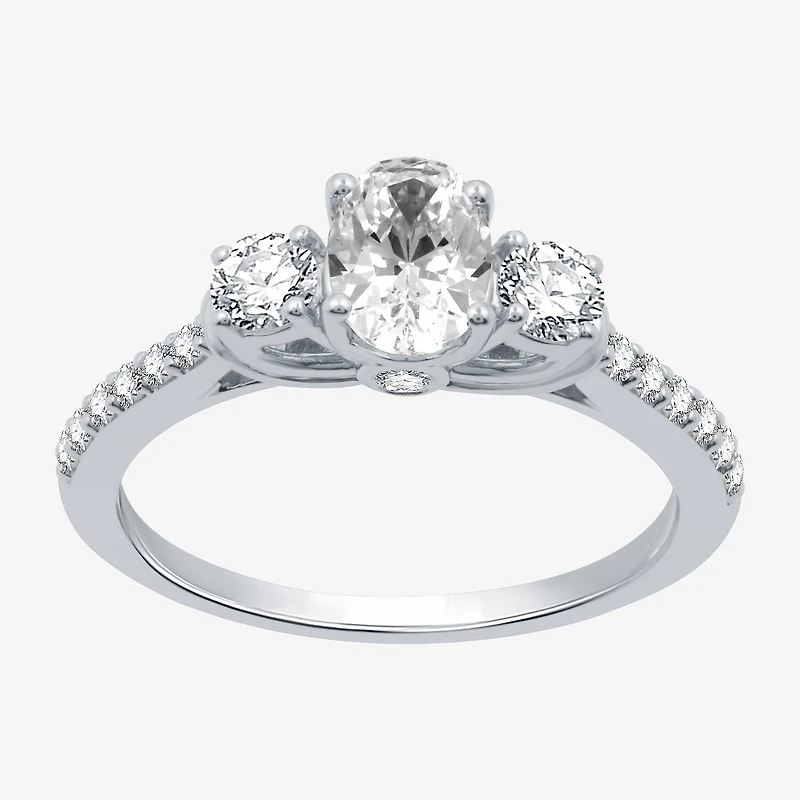 Signature By Modern Bride (H-I / I1) Womens 1 1/4 CT. T.W. Lab Grown White Diamond 10K Gold Oval Side Stone 3-Stone Engagement Ring