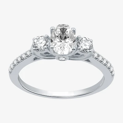 Signature By Modern Bride (H-I / I1) Womens 1 1/4 CT. T.W. Lab Grown White Diamond 10K Gold Oval Side Stone 3-Stone Engagement Ring