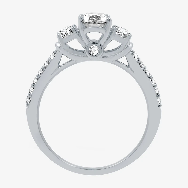 Signature By Modern Bride (H-I / I1) Womens 1 1/4 CT. T.W. Lab Grown White Diamond 10K Gold Oval Side Stone 3-Stone Engagement Ring