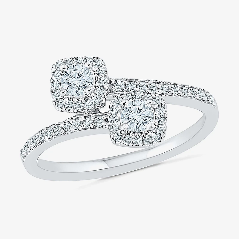 Womens 1/2 CT. T.W. Natural White Diamond 10K Gold Cushion Halo Bypass Cocktail Ring