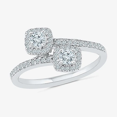 Womens 1/2 CT. T.W. Natural White Diamond 10K Gold Cushion Halo Bypass Cocktail Ring