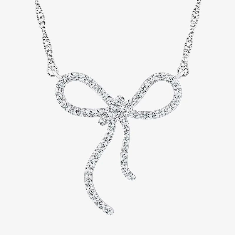 Womens 1/ CT. T.W. Natural White Diamond Sterling Silver Bow 18 Inch Pendant Necklace