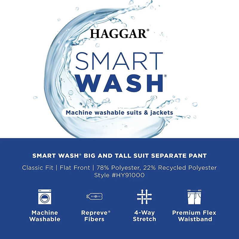 Haggar Smart Wash With Repreve Mens Big and Tall Classic Fit Flat Front Suit Pant