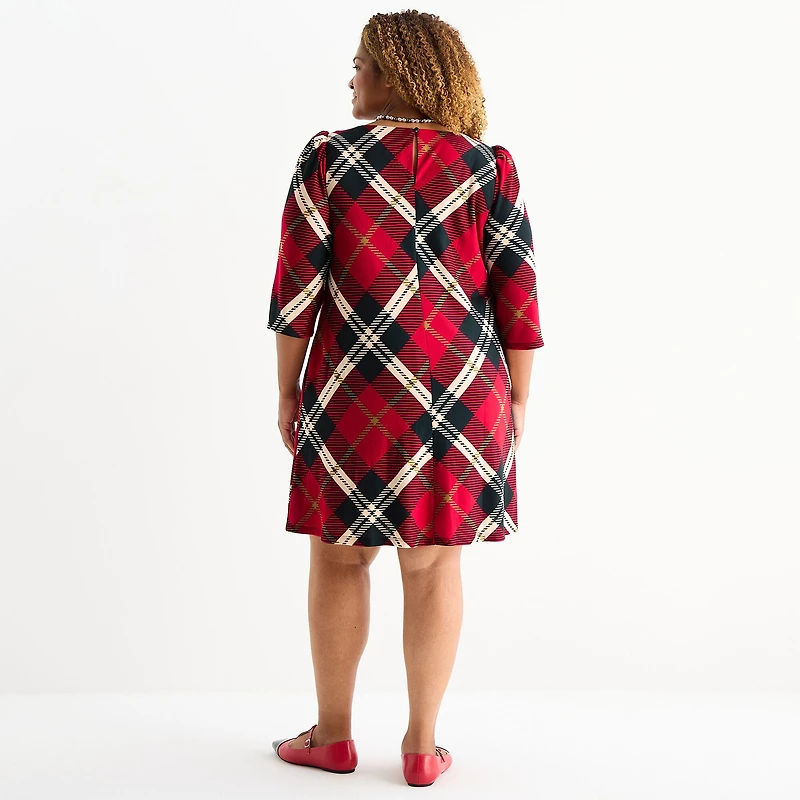 Jessica Howard Womens Plus Boat Neck 3/4 Sleeve Plaid Shift Dress