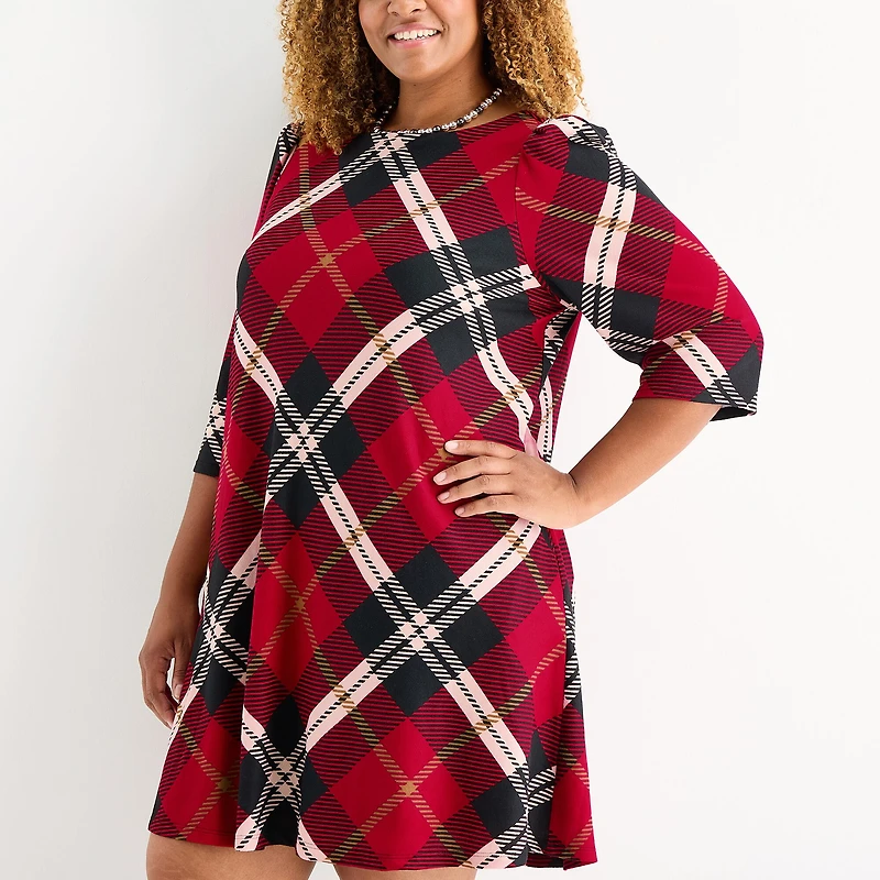 Jessica Howard Womens Plus Boat Neck 3/4 Sleeve Plaid Shift Dress