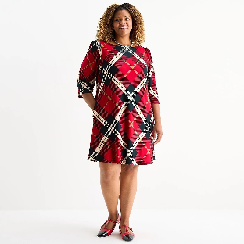Jessica Howard Womens Plus Boat Neck 3/4 Sleeve Plaid Shift Dress