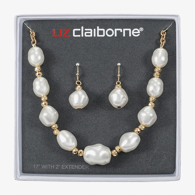 Liz Claiborne Gold Tone Frontal Necklace & Drop Earring Womens Simulated Pearl 2-pc. Jewelry Set