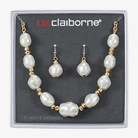 Liz Claiborne Gold Tone Frontal Necklace & Drop Earring Womens Simulated Pearl 2-pc. Jewelry Set