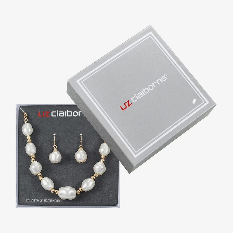 Liz Claiborne Gold Tone Frontal Necklace & Drop Earring Womens Simulated Pearl 2-pc. Jewelry Set