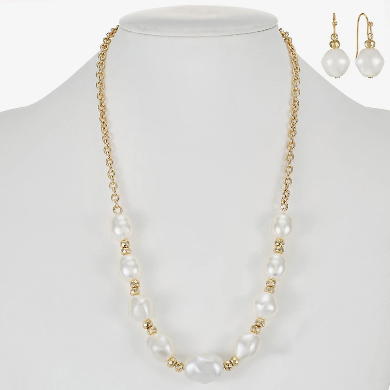 Liz Claiborne Gold Tone Frontal Necklace & Drop Earring Womens Simulated Pearl 2-pc. Jewelry Set