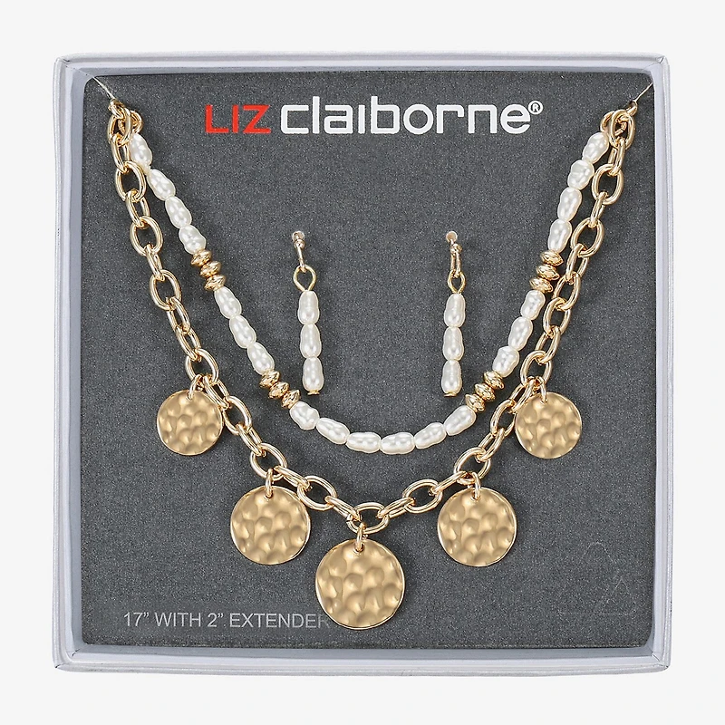 Liz Claiborne Gold Tone Charm Multi Strand Necklace & Linear Earring Womens Simulated Pearl 2-pc. Jewelry Set