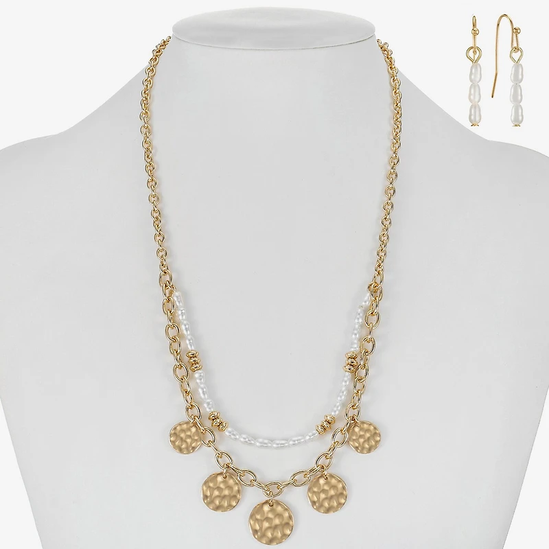 Liz Claiborne Gold Tone Charm Multi Strand Necklace & Linear Earring Womens Simulated Pearl 2-pc. Jewelry Set