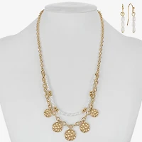 Liz Claiborne Gold Tone Charm Multi Strand Necklace & Linear Earring Womens Simulated Pearl 2-pc. Jewelry Set