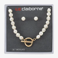 Liz Claiborne Gold Tone Toggle Collar Necklace & Stud Earring Womens Simulated Pearl 2-pc. Jewelry Set